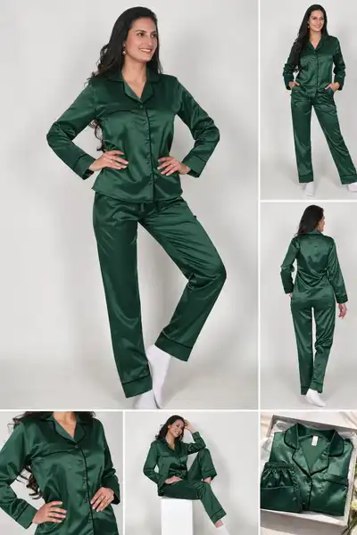 Pijama en seda Ref. Ref. Unicolor Verde con Borde Negro y Blanco