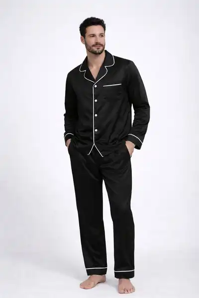 Pijama Clásica para Caballero – Ref. Unicolor Negro con Borde Blanco