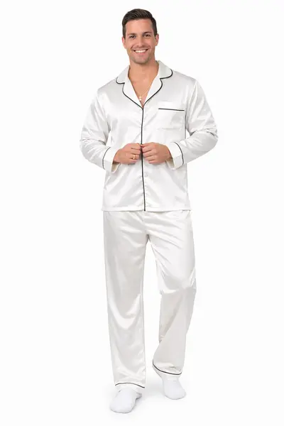 Pijama Clásica en Seda para Caballero – Ref. Unicolor blanco con borde negro